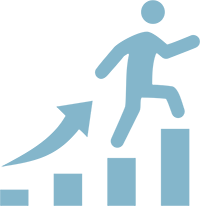 Graphic showing a person moving upward on a bar graph, highlighting business progress and an increased bottom line.
