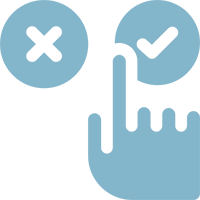 Icon showing a hand pressing a choice between wrong and right options symbolizing informed decision