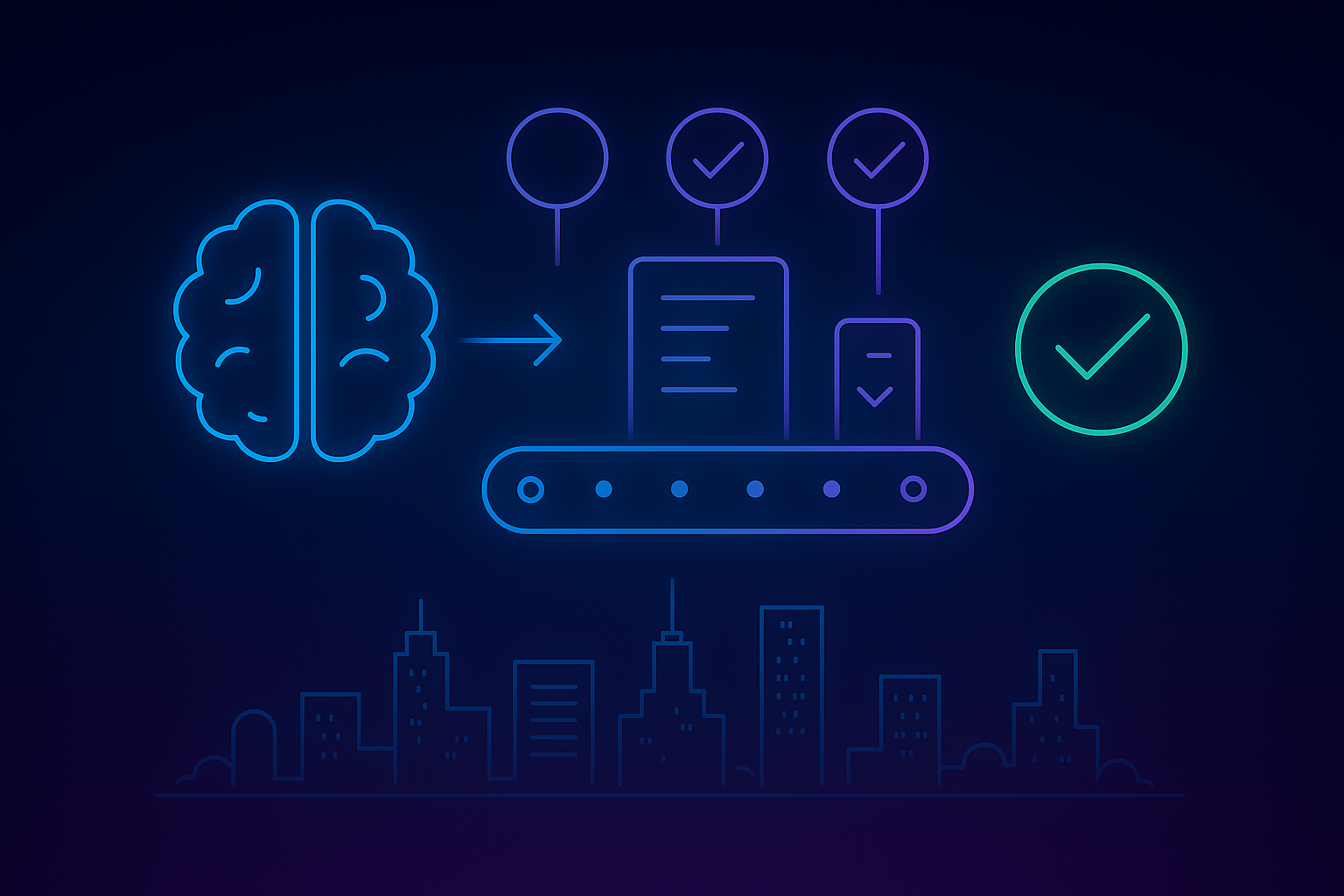 Illustration of AI output evaluation showing brain icon, document checks, and validation process for reliable workflows