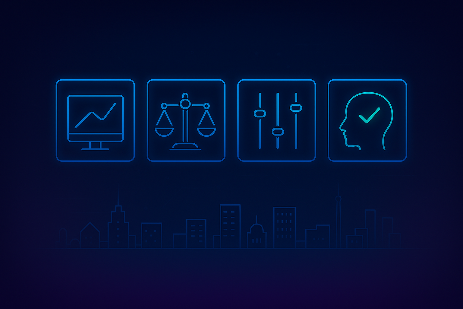 Illustration of AI evaluation factors showing analytics, fairness scales, adjustment controls, and human validation for trustworthy AI workflows