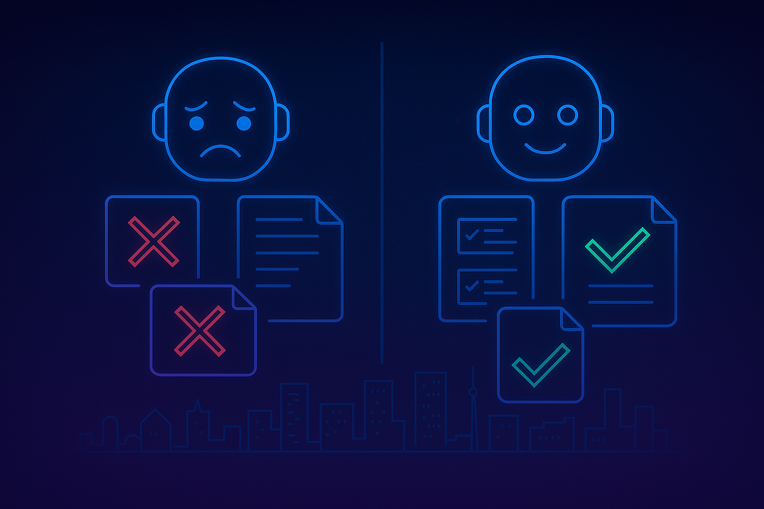 Illustration comparing poor AI output with errors to high-quality AI results with accurate check marks for workflow reliability