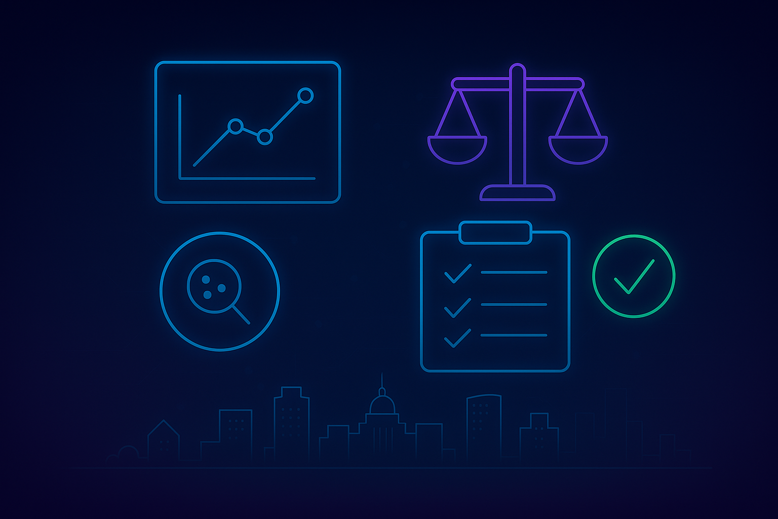 Icons representing AI output evaluation with analytics chart, fairness scale, magnifying glass, and checklist for trusted workflows