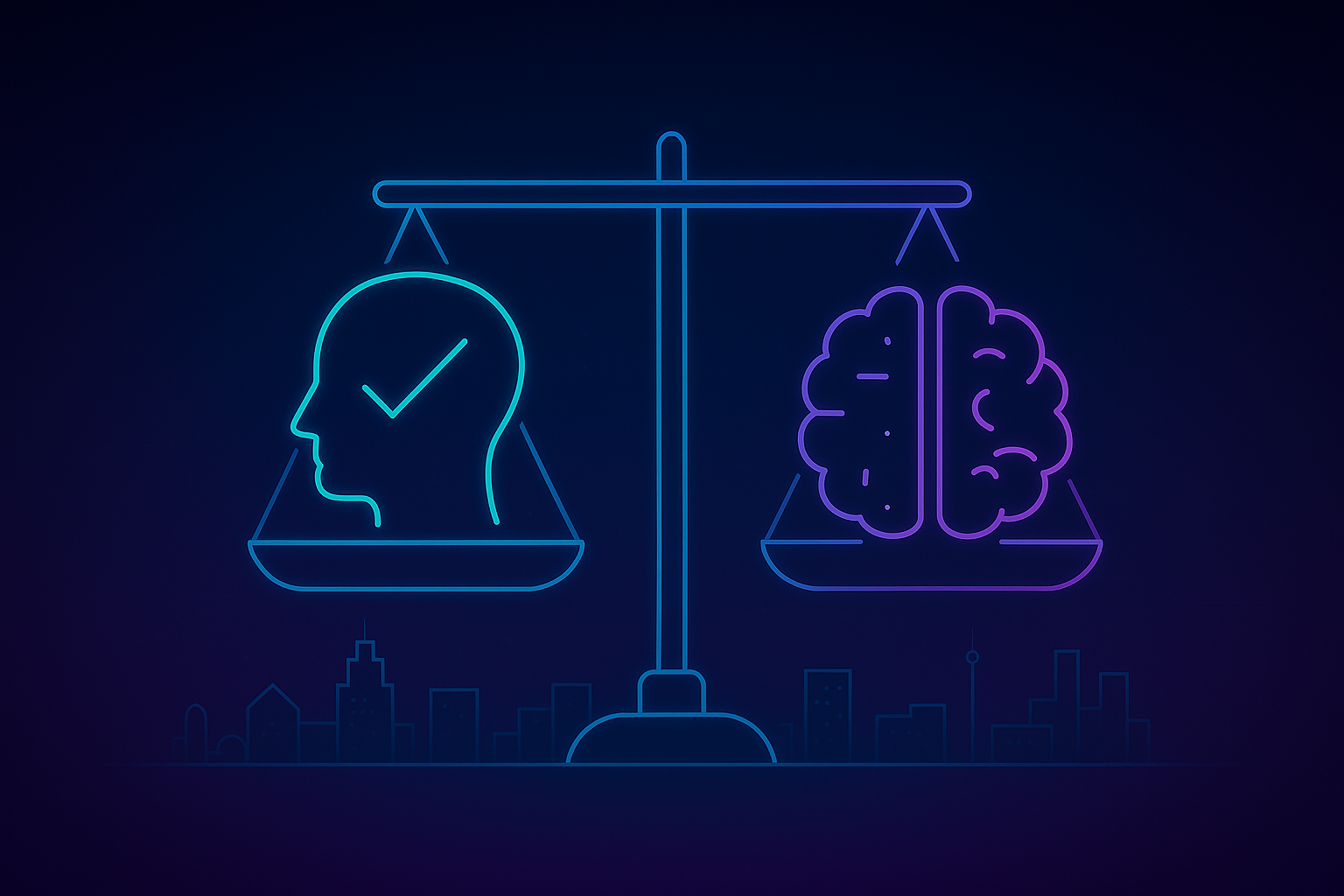 Illustration of balanced scale comparing human judgment and AI brain, symbolizing evaluation of AI output quality and trust in workflows