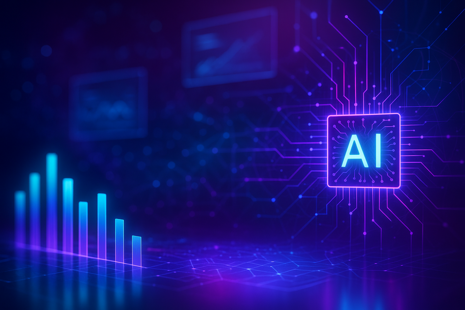 Cinematic digital marketing visual with glowing AI circuitry and holographic data patterns representing AI consulting in Edmonton.