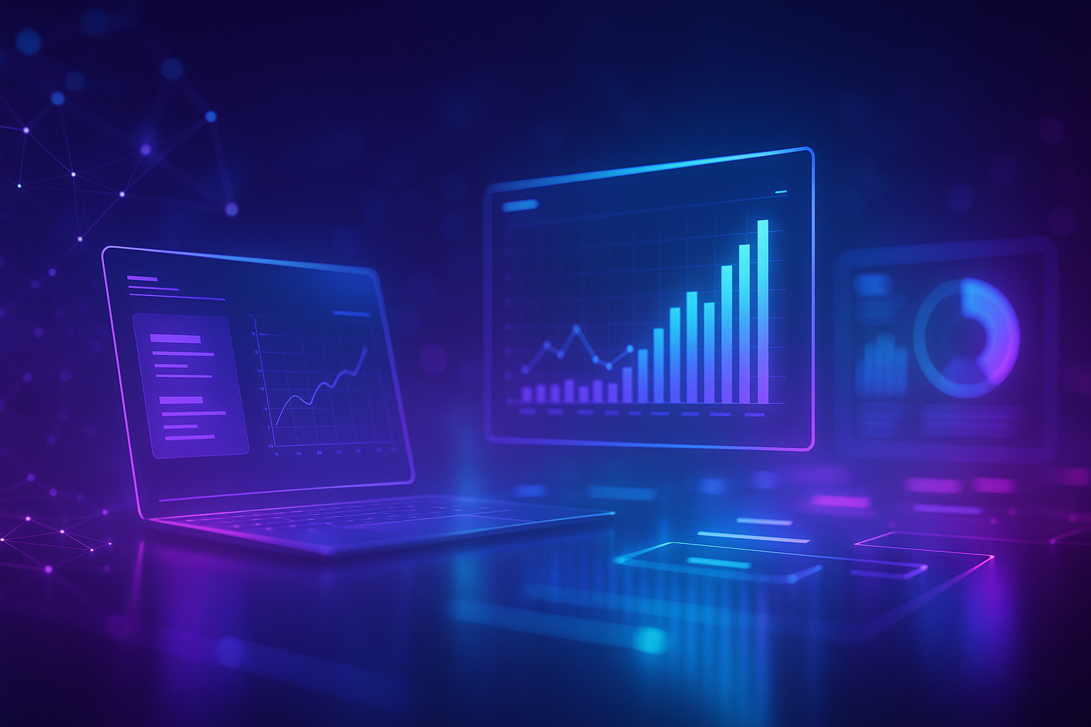Futuristic laptop interface displaying glowing data charts and analytics panels symbolizing Edmonton businesses leveraging AI consulting services.