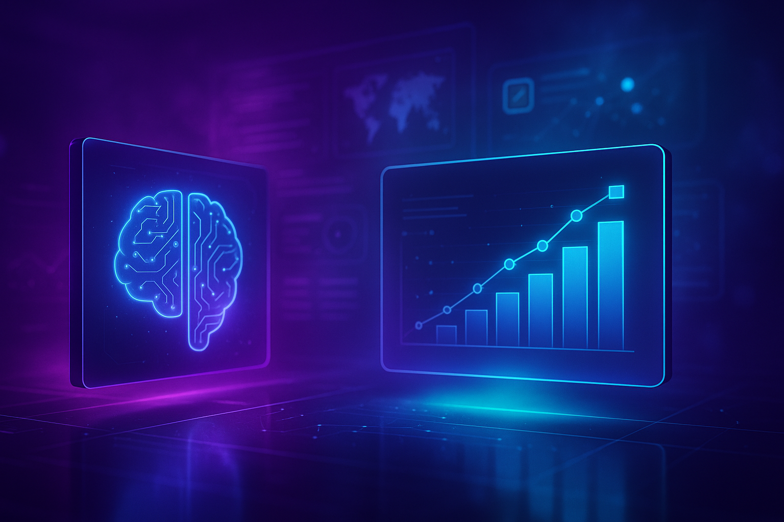 Neon purple and aqua visualization of a digital brain and bar charts representing scalable AI infrastructure guided by Edmonton consulting experts.