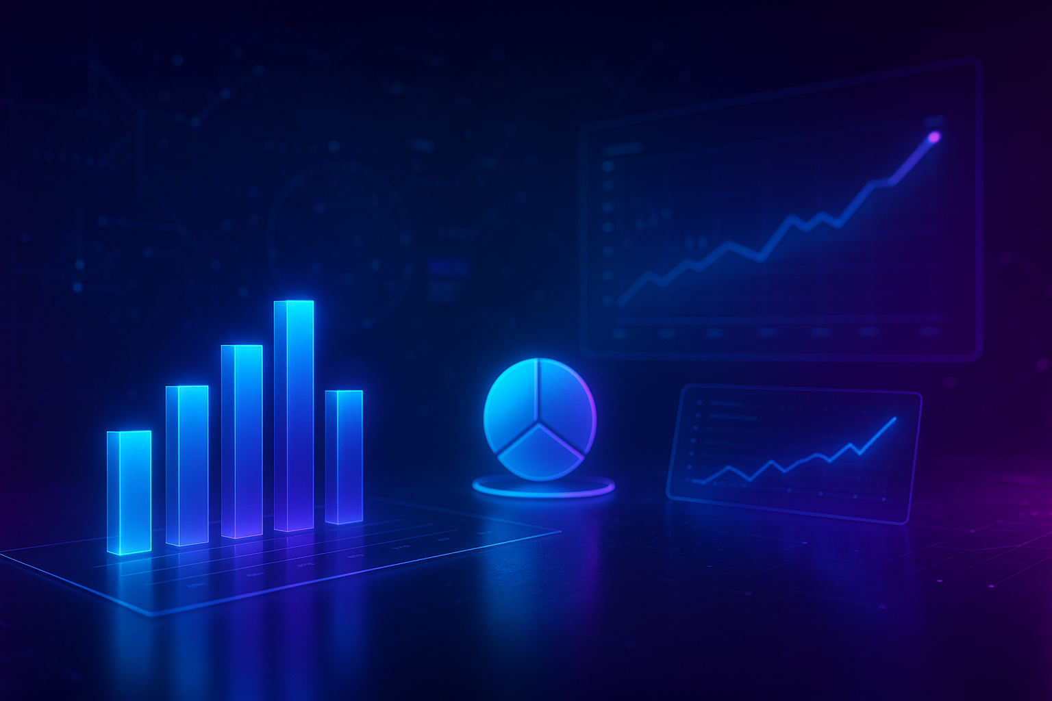 Cinematic neon-style dashboard with holographic charts and glowing performance metrics illustrating AI consulting Edmonton ROI tracking.