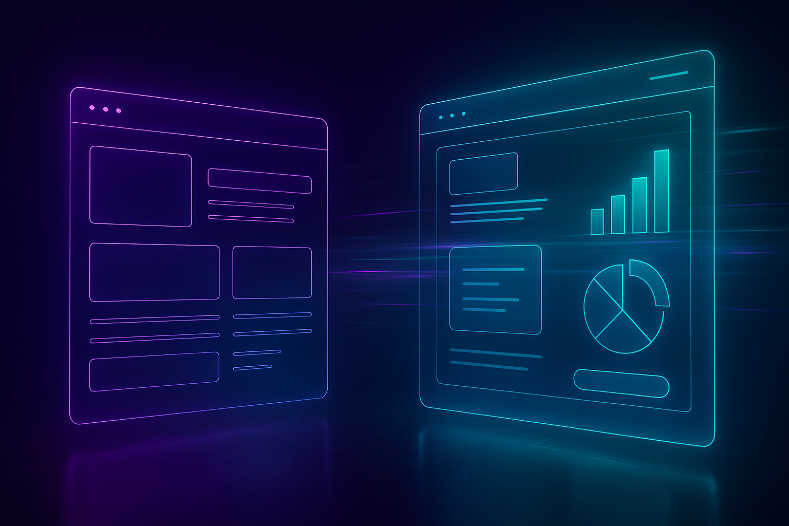 Glowing holographic website wireframes representing the evolution of Edmonton web design into modern, conversion-focused marketing websites.
