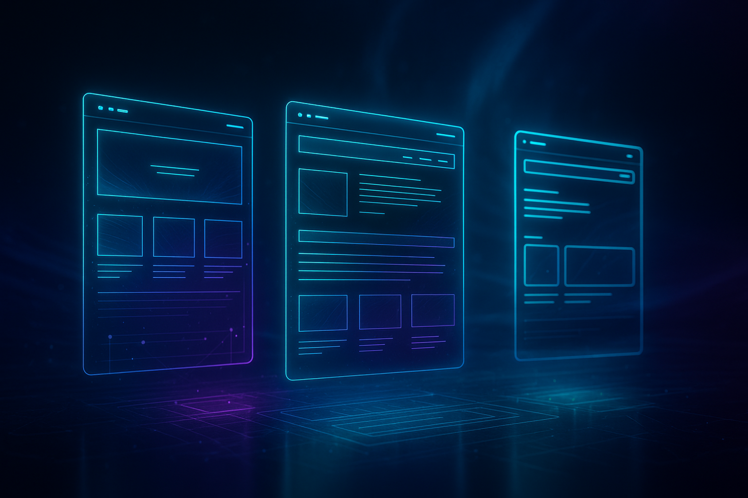 Futuristic data dashboards with glowing graphs and charts representing responsive design evolution and continuous website optimisation.
