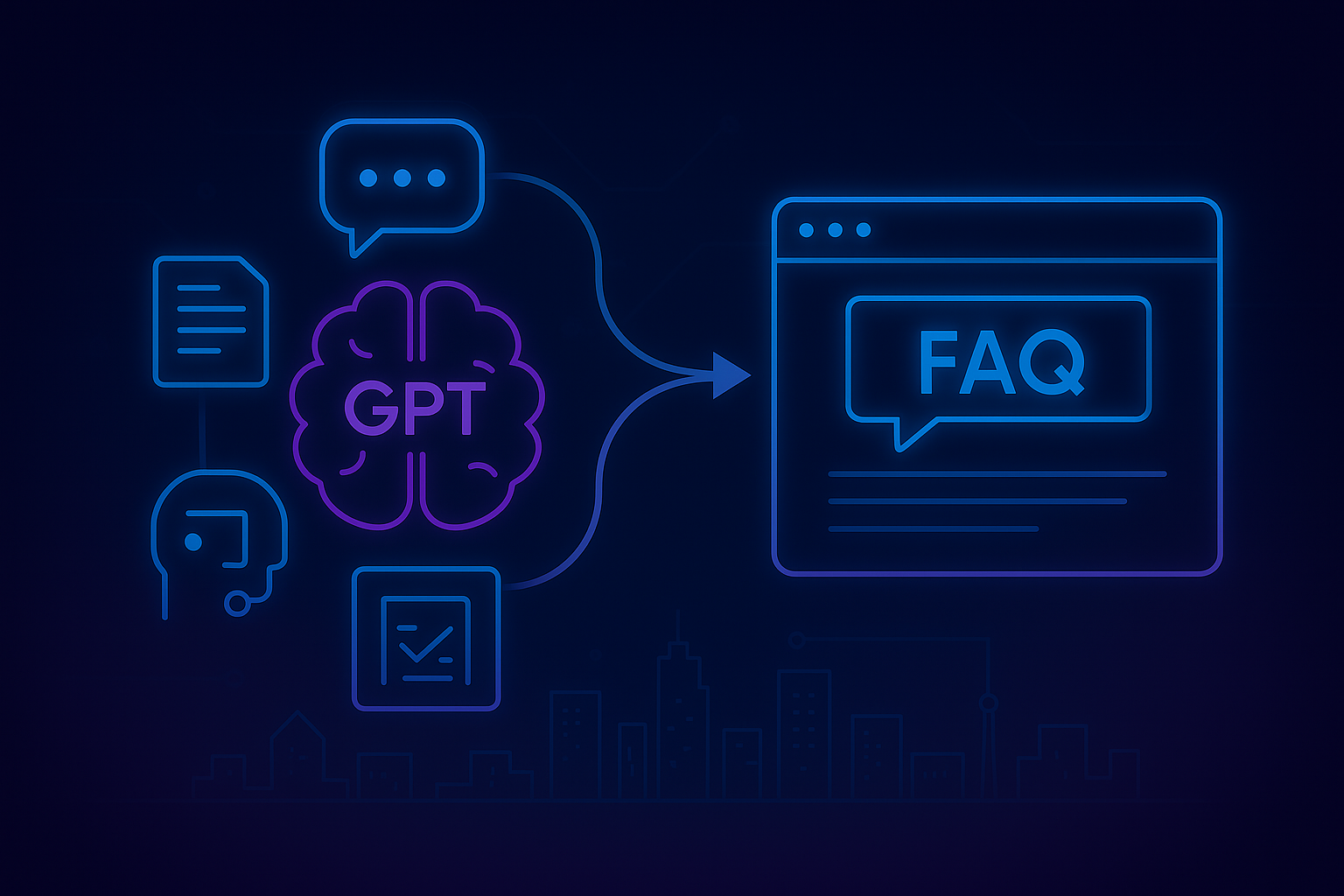Illustration showing GPT generating smarter FAQ sections for marketing websites with AI-powered content automation