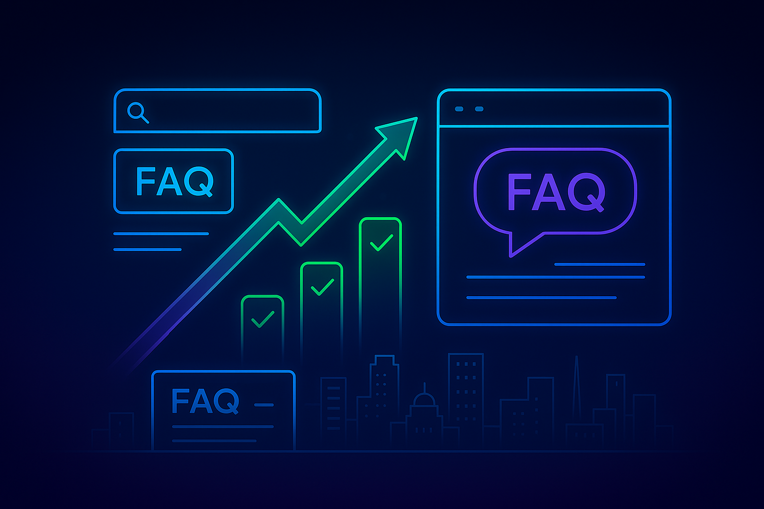 Illustration of GPT-powered FAQ sections boosting website SEO performance with search visibility and growth metrics