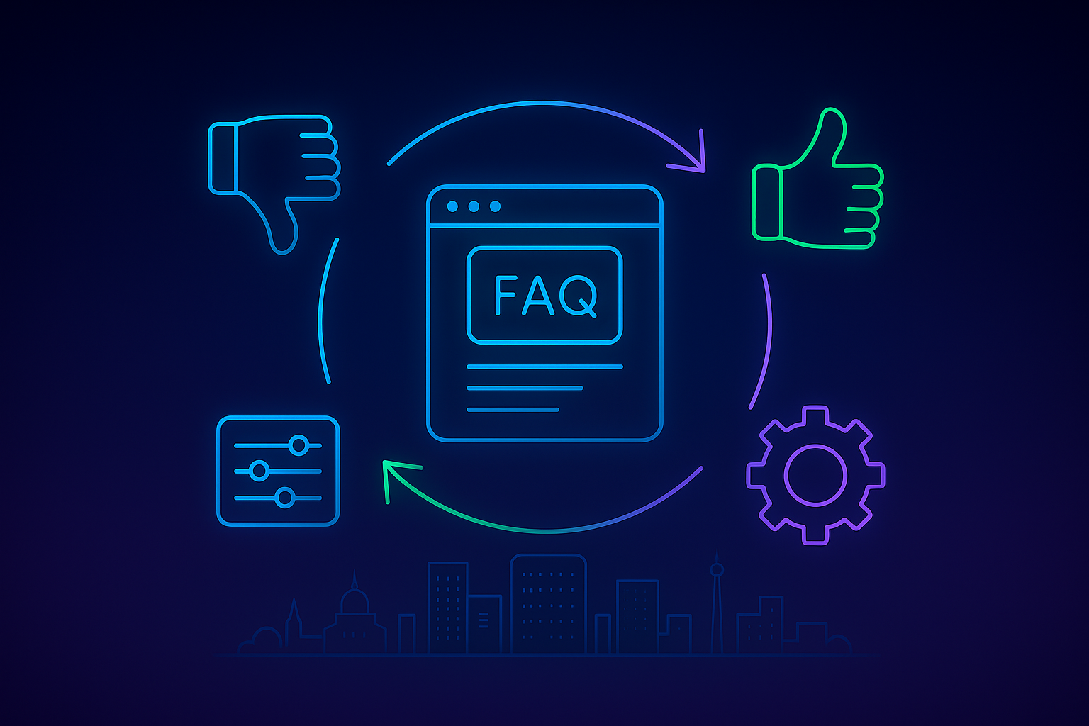 Illustration of FAQ optimization cycle with thumbs up, thumbs down, settings, and automation icons for improving website FAQ sections using GPT tools