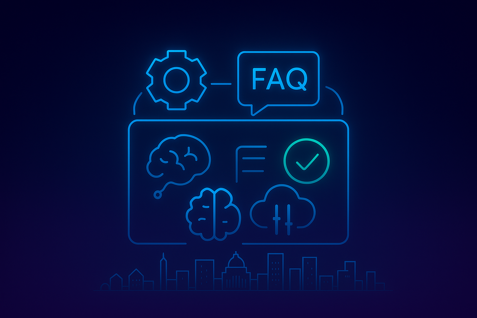 Illustration of GPT-powered automation creating smarter FAQ sections with AI, cloud integration, and quality validation for marketing websites