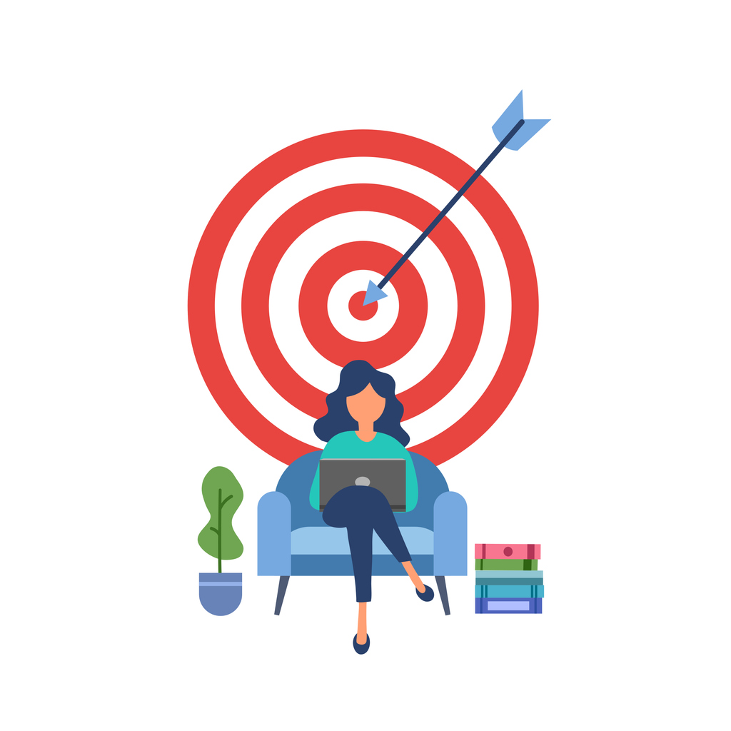 Cartoon woman with laptop in front of a target representing customer focus and benefits of remarketing ads.