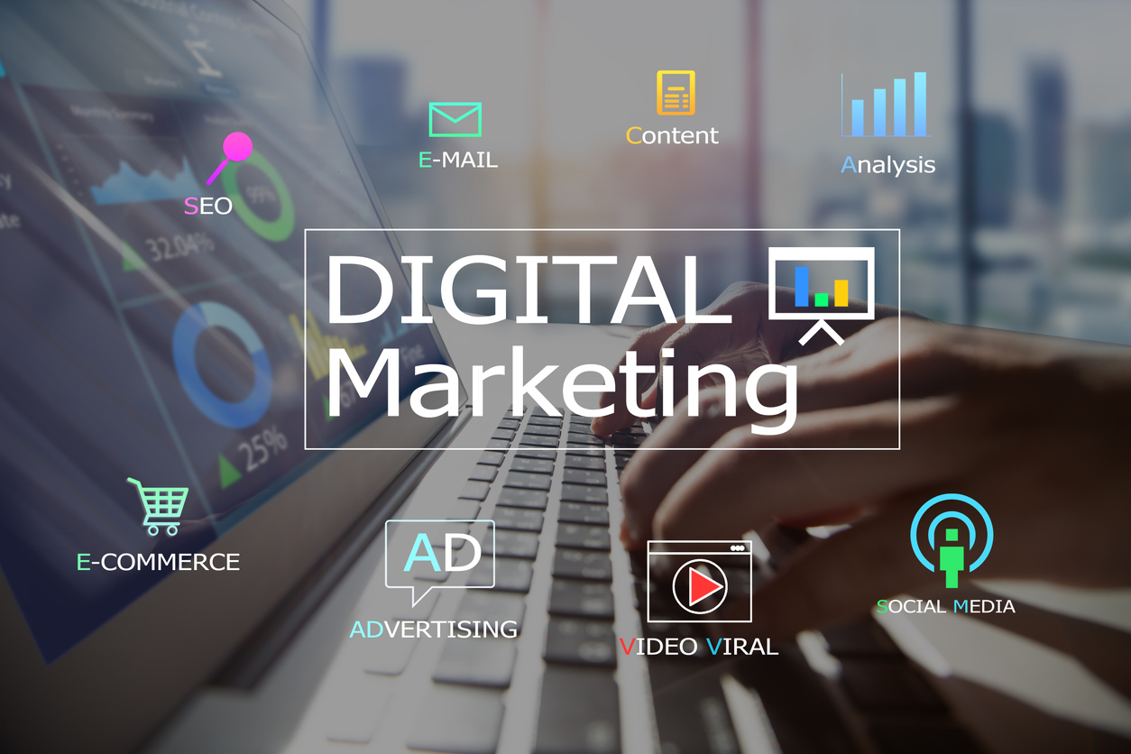 Digital marketing tools and icons on screen visually explain what is digital marketing.