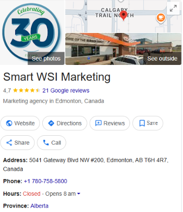 Smart WSI Marketing Google listing example used in content marketing for local SEO.