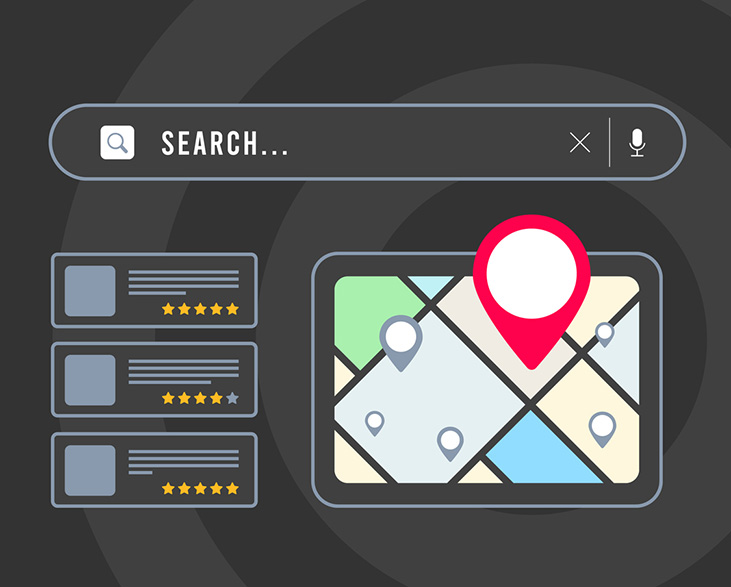 Illustration of a local search interface with a map, location pin, and business listings showing star ratings, representing local SEO or map-based search results.